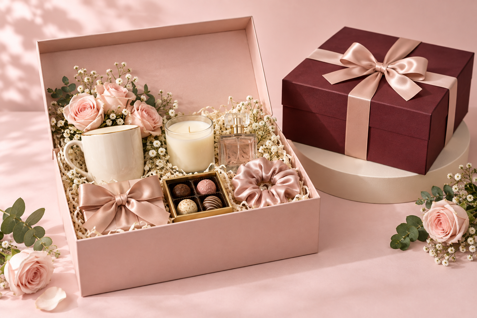 Blush gift hamper with roses, a ceramic mug, candle and beautifully wrapped gifts